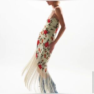 MIRAE Belle Rose Floral Fringe Dress in Ecru color Size 40 M NWT
